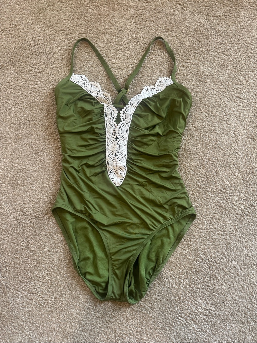 Women’s Olive Green One-Piece Swimsuit with cream trim